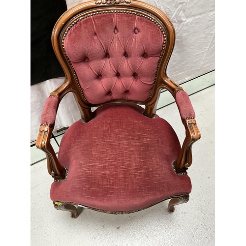 219 - REPRODUCTION BEDROOM ARMCHAIR WITH CARVED FRAME BUTTON BACK AND UPHOLSTERED SEAT