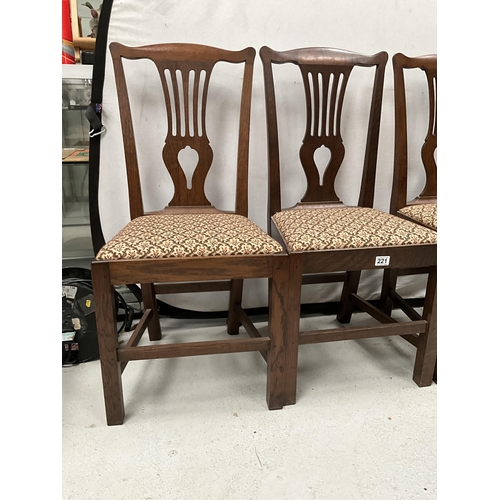 221 - 6 OAK DINING CHAIRS WITH UPHOLSTERED POP OUT SEATS