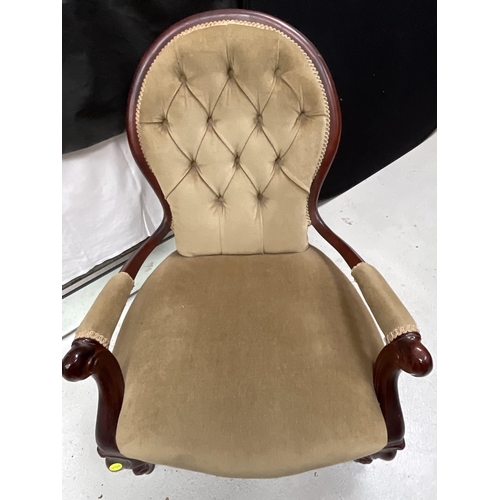 235 - REPRODUCTION MAHOGANY BEDROOM ARMCHAIR WITH UPHOLSTERED BUTTON BACK AND SEAT