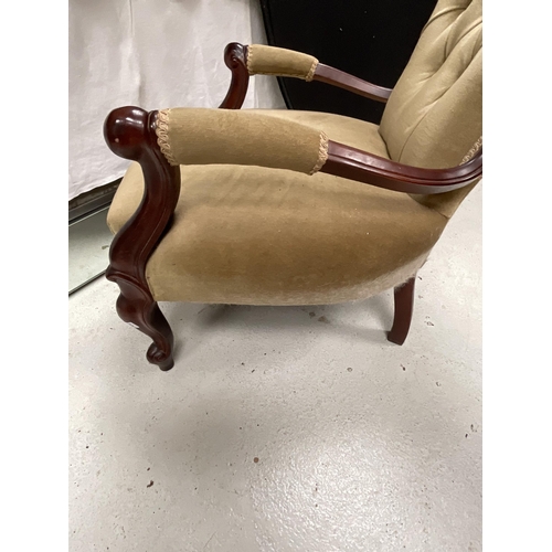 235 - REPRODUCTION MAHOGANY BEDROOM ARMCHAIR WITH UPHOLSTERED BUTTON BACK AND SEAT