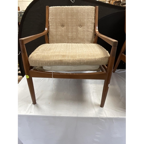 242 - PAIR OF RETRO TEAK FRAMED ARMCHAIRS BADGED EG - EARLY 50'S TO 60'S G PLAN A/F