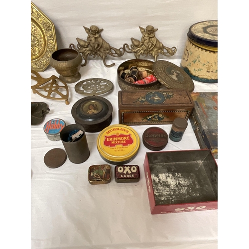 243 - 2 BOXES OF BRASS & VINTAGE ADVERTISING TINS ETC