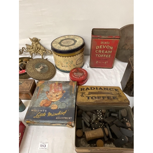 243 - 2 BOXES OF BRASS & VINTAGE ADVERTISING TINS ETC