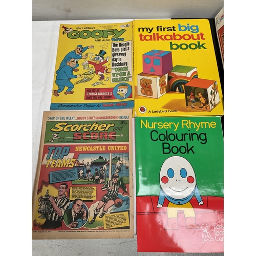 254 - 6 BOXES OF VINTAGE TOYS AND BOOKS ETC TO INCLUDE FISHER PRICE EXAMPLES