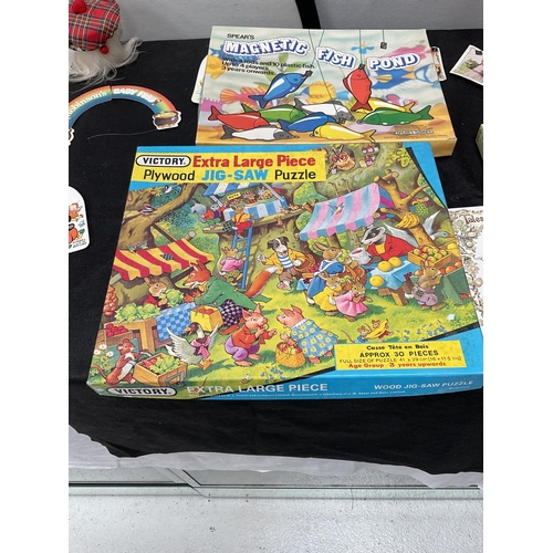 254 - 6 BOXES OF VINTAGE TOYS AND BOOKS ETC TO INCLUDE FISHER PRICE EXAMPLES