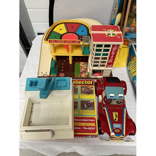 255 - 4 BOXES OF VINTAGE TOYS, DOLLS ETC TO INCLUDE FISHER PRICE EXAMPLES