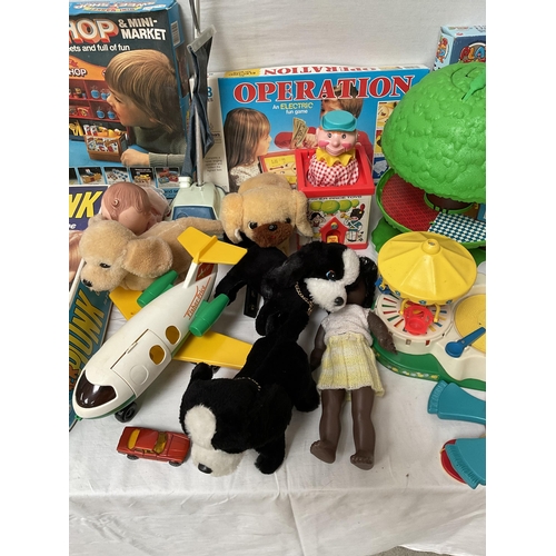 255 - 4 BOXES OF VINTAGE TOYS, DOLLS ETC TO INCLUDE FISHER PRICE EXAMPLES