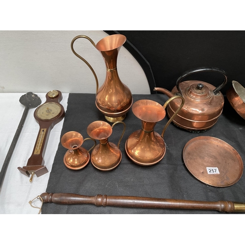 257 - BOX OF COPPER WARE TO INCLUDE WARMING PAN, KETTLES JARDINERES ETC