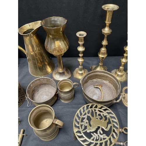 258 - 2 BOXES OF BRASSWARE TO INCLUDE EAGLE, JUG, CANDLESTICKS ETC