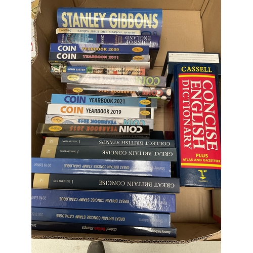 265 - BOX OF STAMPS AND A BOX OF STANLEY GIBBONS STAMP BOOKS ETC