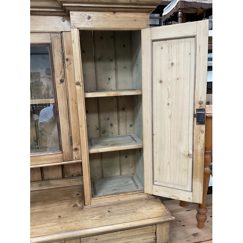 271 - VICTORIAN STRIPPED PINE KITCHEN PIECE WITH TOP CENTRE GLASS CABINET FLANKED BY 2 PANEL DOORS - THE B... 