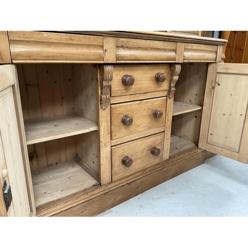 271 - VICTORIAN STRIPPED PINE KITCHEN PIECE WITH TOP CENTRE GLASS CABINET FLANKED BY 2 PANEL DOORS - THE B... 