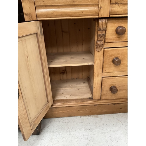 271 - VICTORIAN STRIPPED PINE KITCHEN PIECE WITH TOP CENTRE GLASS CABINET FLANKED BY 2 PANEL DOORS - THE B... 