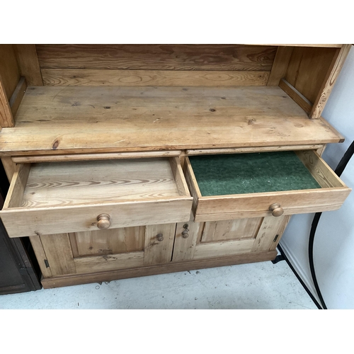 286 - VICTORIAN STRIPPED PINE KITCHEN PIECE WITH 2 GLAZED DOORS TO TOP CENTRAL OPEN AREA - THE BASE WITH 2... 