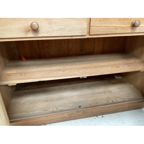 286 - VICTORIAN STRIPPED PINE KITCHEN PIECE WITH 2 GLAZED DOORS TO TOP CENTRAL OPEN AREA - THE BASE WITH 2... 