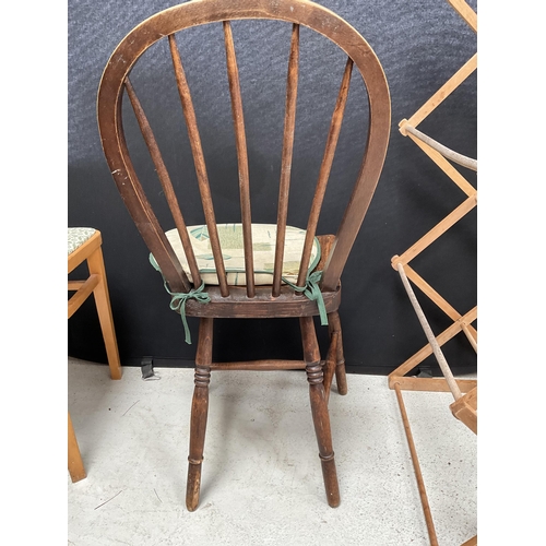 294 - VINTAGE KITCHEN CHAIR, OAK SPINDLE KITCHEN CHAIR AND FOLDING AIRING RAIL