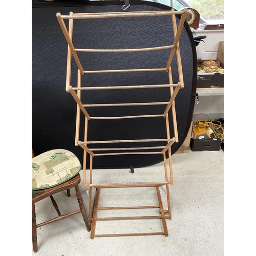 294 - VINTAGE KITCHEN CHAIR, OAK SPINDLE KITCHEN CHAIR AND FOLDING AIRING RAIL