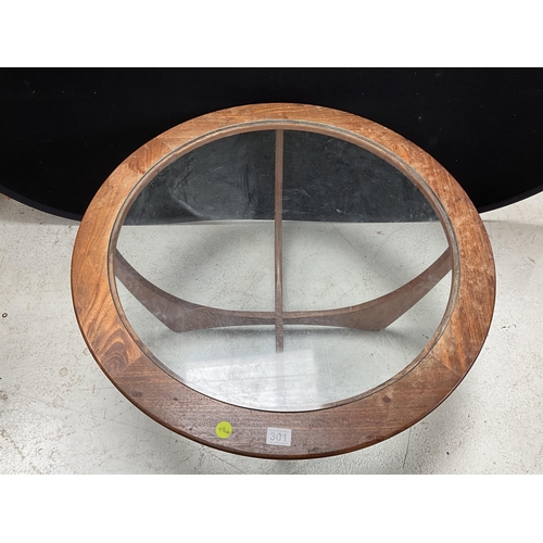 301 - BADGED G PLAN VINTAGE TEAK GLASS TOPPED CIRCULAR COFFEE TABLE A/F H18