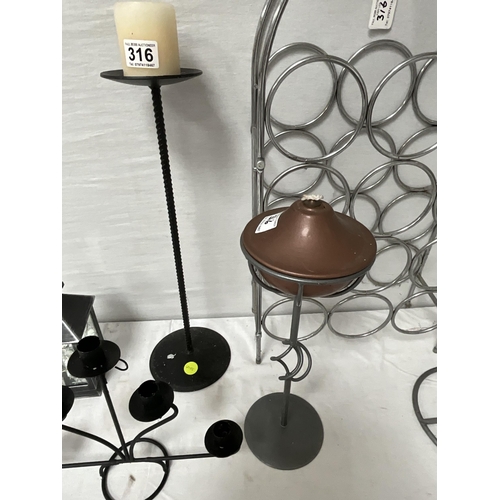 316 - METAL WINE RACK, 2 CANDLE STANDS LANTERN ETC