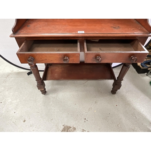 317 - VICTORIAN MAHOGANY TRAY TOP WASHSTAND WITH 2 DRAWERS ON TURNED LEGS WITH UNDERTIER SHELF H37