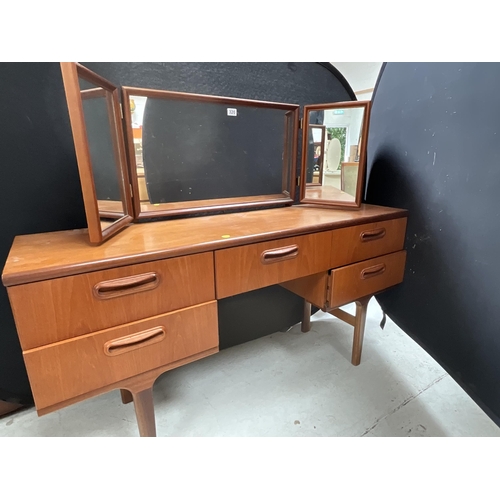 320 - RETRO TEAK TRIPLE MIRROR LONGJOHN DRESSING TABLE WITH 5 DRAWERS BADGE MERRIDEW AND ASSOCIATED TEAK C... 