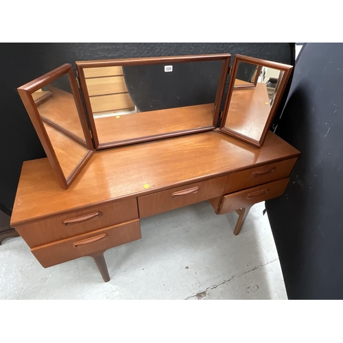 320 - RETRO TEAK TRIPLE MIRROR LONGJOHN DRESSING TABLE WITH 5 DRAWERS BADGE MERRIDEW AND ASSOCIATED TEAK C... 