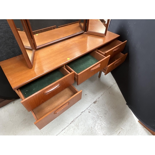 320 - RETRO TEAK TRIPLE MIRROR LONGJOHN DRESSING TABLE WITH 5 DRAWERS BADGE MERRIDEW AND ASSOCIATED TEAK C... 