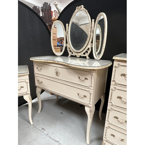 322 - CREAM WITH GILT DECORATION ITALIAN STYLE 4 PEICE BEDROOM SUITE TO INCLUDE TRIPLE MIRROR DRESSING TAB... 