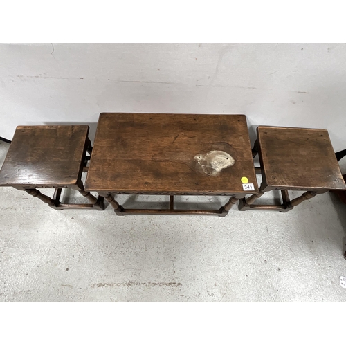 341 - REPRODUCTION SOLID OK NEST OF TABLES ON TURNED AND STRETCHERED LEGS WITH CARVED FREEZE DECORATION A/... 