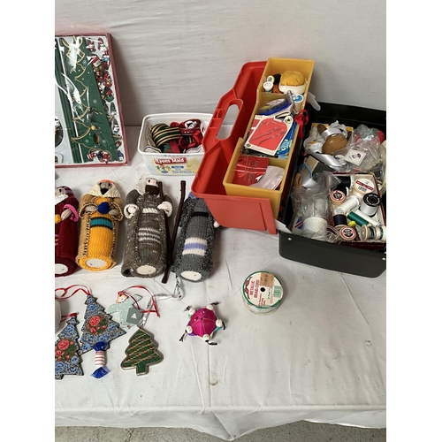 343 - BOX OF SEWING AND CHRISTMAS DECORATIONS TO INCLUDE SEWING BOX