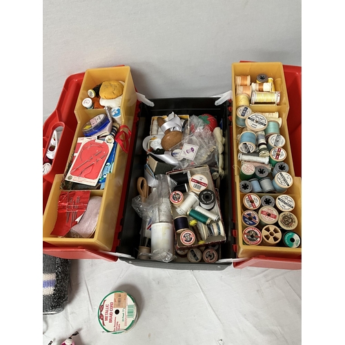 343 - BOX OF SEWING AND CHRISTMAS DECORATIONS TO INCLUDE SEWING BOX