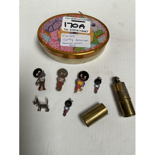 170A - QTY OF GOLLY BROOCHES AND TRENCH ART LIGHTER