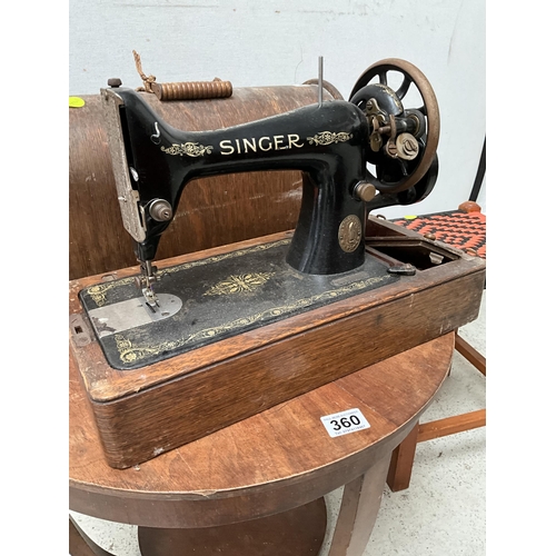 360 - ART DECO WALNUT CIRCULAR COFFEE TABLE, 2 STOOLS AND SINGER SEWING MACHINE IN CASE A/F