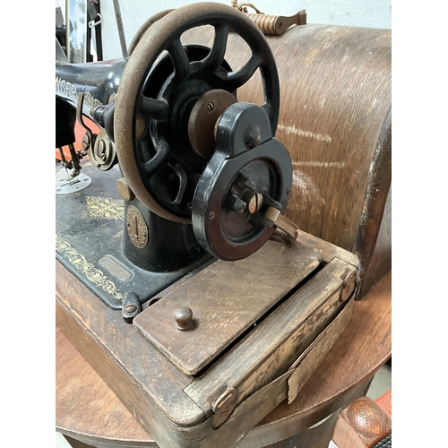 360 - ART DECO WALNUT CIRCULAR COFFEE TABLE, 2 STOOLS AND SINGER SEWING MACHINE IN CASE A/F