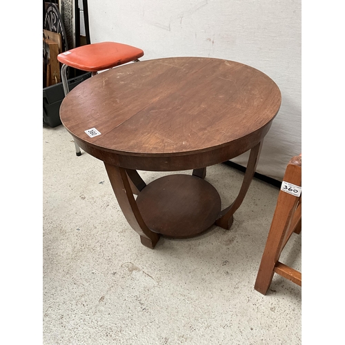 360 - ART DECO WALNUT CIRCULAR COFFEE TABLE, 2 STOOLS AND SINGER SEWING MACHINE IN CASE A/F