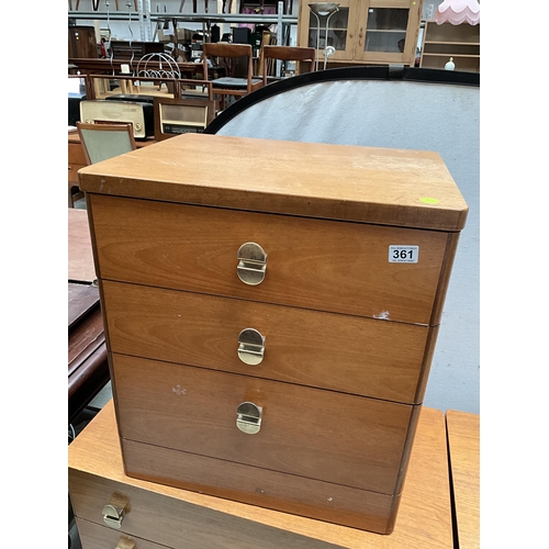 361 - PAIR OF TEAK 3 DRAWER BEDROOM CHEST AND MATCHING SMALLER EXAMPLE H25