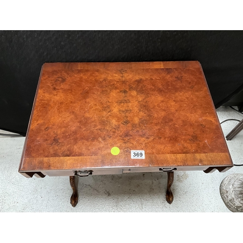 369 - BURR WALNUT VENEERED SOFA TABLE WITH DROP LEAVES 2 DRAWERS ON TURNED AND STRETCHERED LEGS WITH BALL ... 