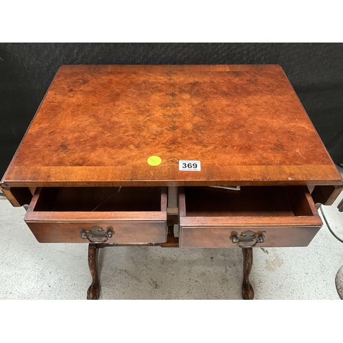 369 - BURR WALNUT VENEERED SOFA TABLE WITH DROP LEAVES 2 DRAWERS ON TURNED AND STRETCHERED LEGS WITH BALL ... 