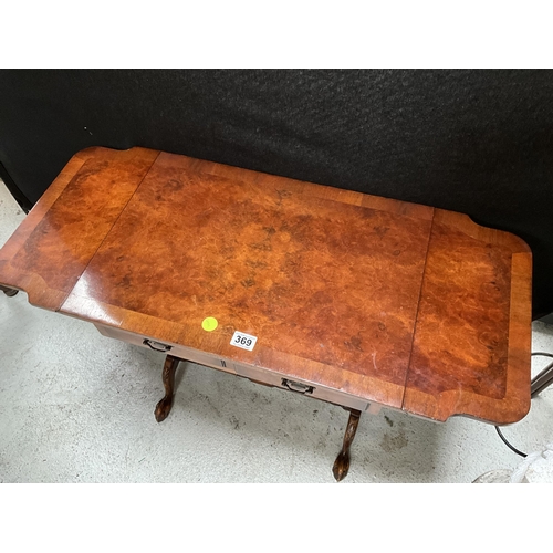 369 - BURR WALNUT VENEERED SOFA TABLE WITH DROP LEAVES 2 DRAWERS ON TURNED AND STRETCHERED LEGS WITH BALL ... 