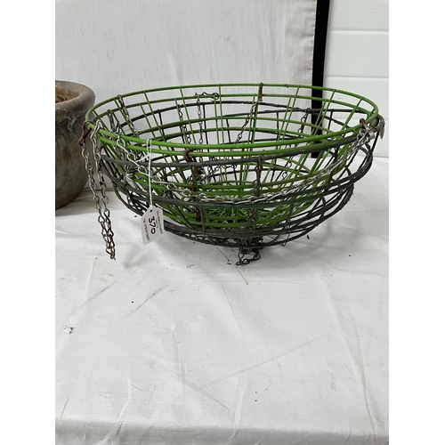 370 - QTY OF CERAMIC GLAZED GARDEN PLANTERS, HANGING BASKET AND BIRD FEEDERS