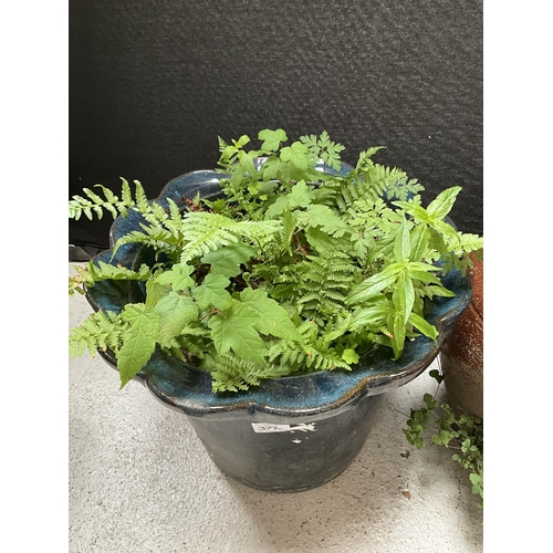 372 - BLUE GLAZED GARDEN PLANTER AND STRAWBERRY POT