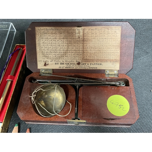 180 - VICTORIAN MAHOGANY CASED SOVEREIGN SCALES, PENS, PENCILS ETC