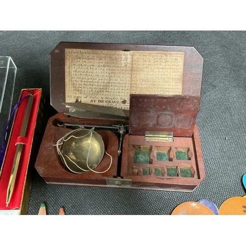 180 - VICTORIAN MAHOGANY CASED SOVEREIGN SCALES, PENS, PENCILS ETC