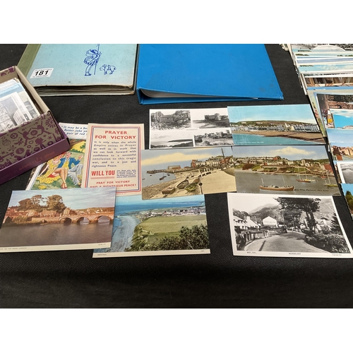 181 - SCRAP BOOK OF VINTAGE POSTCARDS, FOLDER OF POSTCARDS ETC AND A BOX OF POSTCARDS