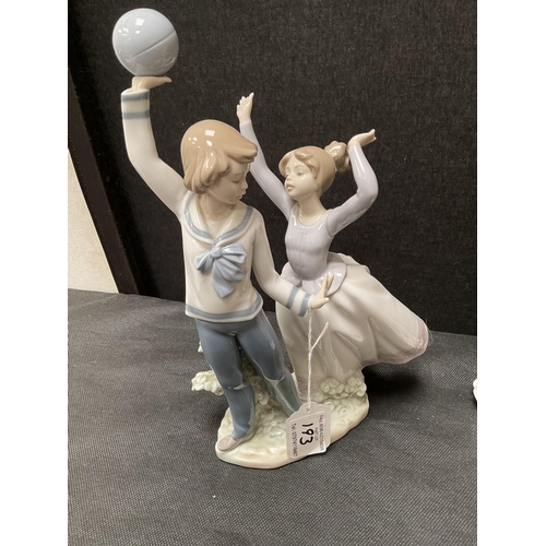 193 - LLADRO BOY & FIGURE WITH BALL FIGURE, LLADRO GIRL WITH FLOWERS FIGURE, LLADRO LADY WITH PARASOL FIGU... 