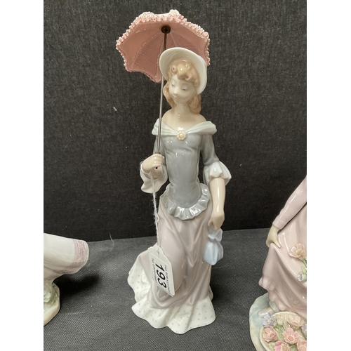 193 - LLADRO BOY & FIGURE WITH BALL FIGURE, LLADRO GIRL WITH FLOWERS FIGURE, LLADRO LADY WITH PARASOL FIGU... 