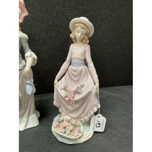 193 - LLADRO BOY & FIGURE WITH BALL FIGURE, LLADRO GIRL WITH FLOWERS FIGURE, LLADRO LADY WITH PARASOL FIGU... 