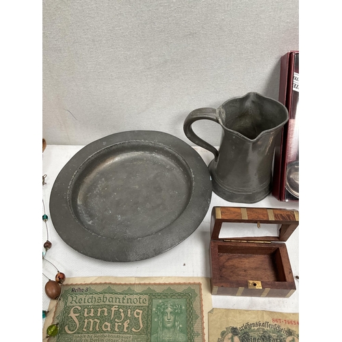 194 - BOX OF PEWTER, JEWELLERY, CUTLERY ETC TO INCLUDE POSSIBLY A PEICE A BLUE JOHN