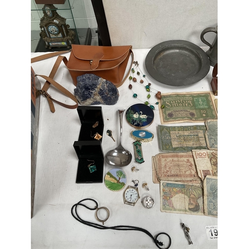 194 - BOX OF PEWTER, JEWELLERY, CUTLERY ETC TO INCLUDE POSSIBLY A PEICE A BLUE JOHN