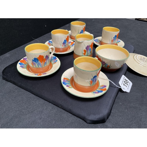 198 - CLARICE CLIFF 5 COFFEE CANS, 6 SAUCERS, SUGAR BOWL AND MILK JUG - CROCUS PATTERN FROM THE BIZARRE RA... 